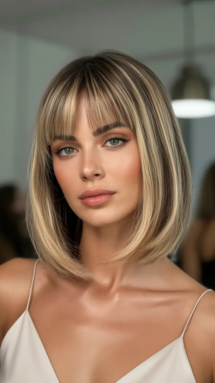 bob haircut styles 2026 Warm Dimensional Bob with Light Fringe