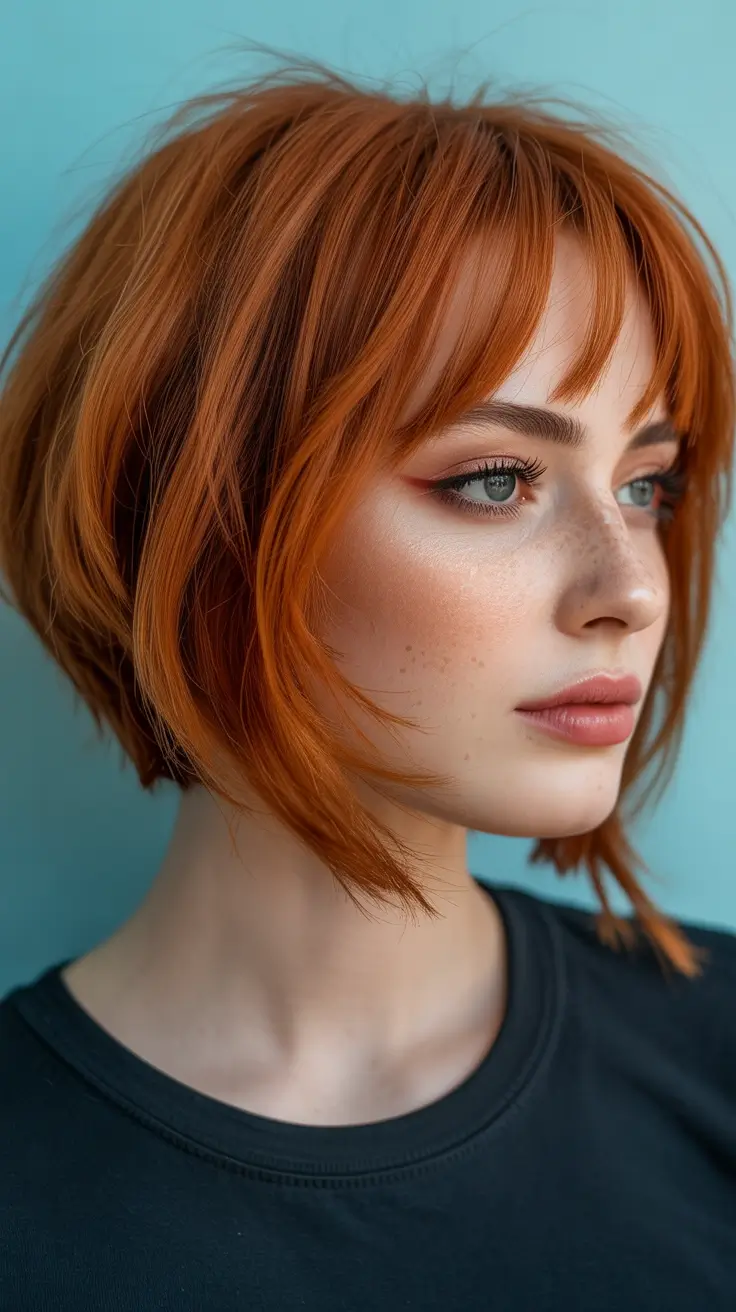 bob haircut styles 2026 Shaggy Copper Bob with Light Micro Bangs