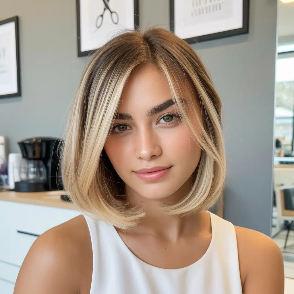 bob haircut styles 2026 Polished Center-Part Blonde Bob with Soft Volume