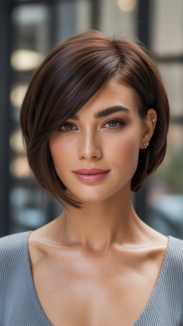 bob haircut styles 2026 Sculpted Brunette Bob with Side-Swept Polish