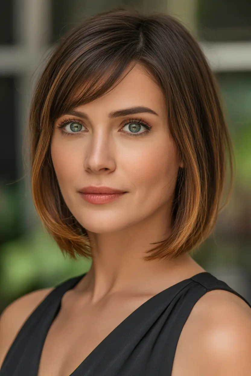bob haircut styles 2026 Subtle Layered Chestnut Bob with Side Fringe