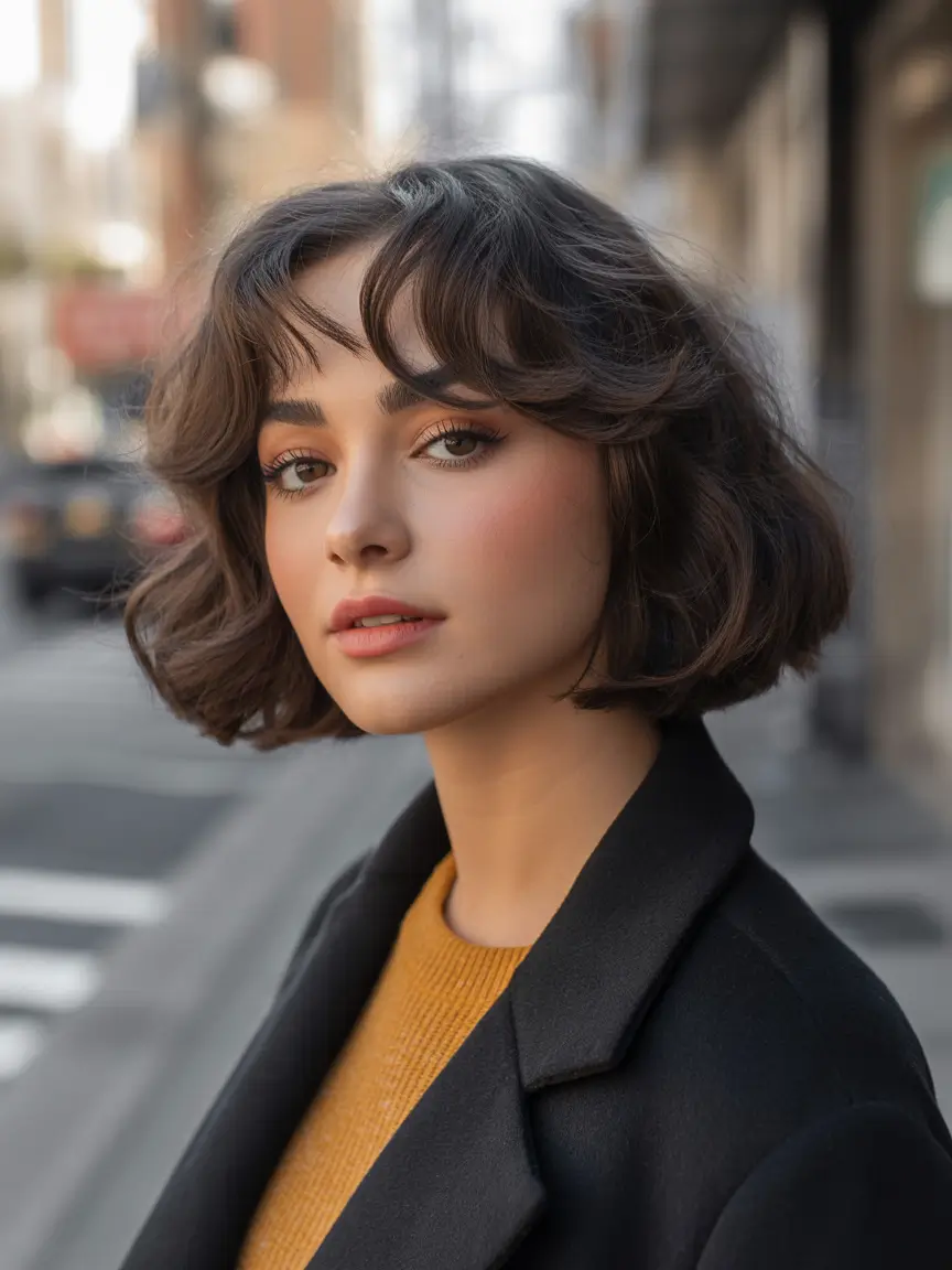 bob haircut styles 2026 Soft Tousled Brunette Bob with Curtain Movement
