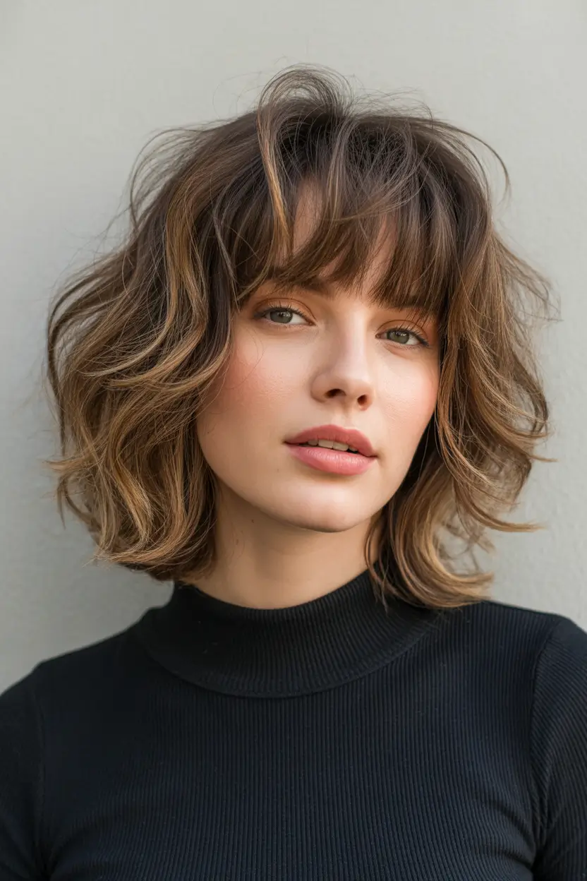 bob haircut styles 2026 Textured Brunette Bob with Wispy Bangs