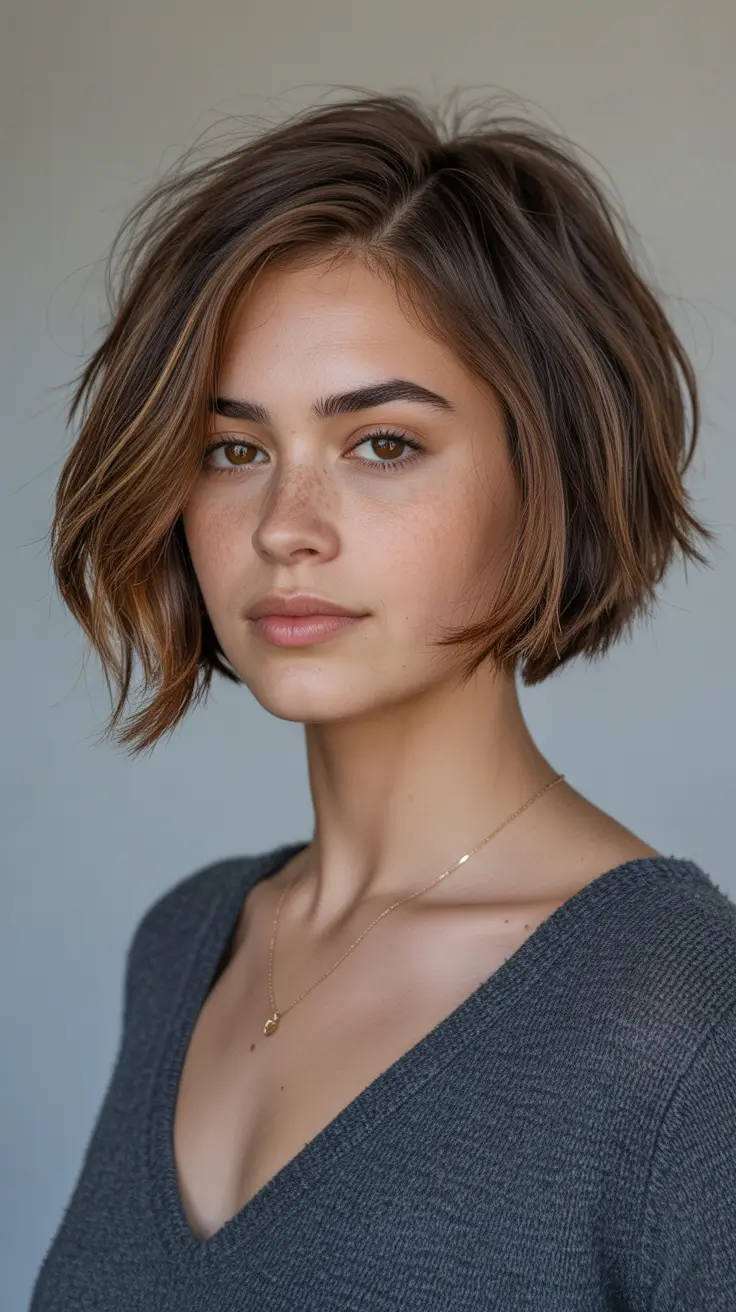 bob haircut styles 2026 Feathered Brunette Bob with Light Volume