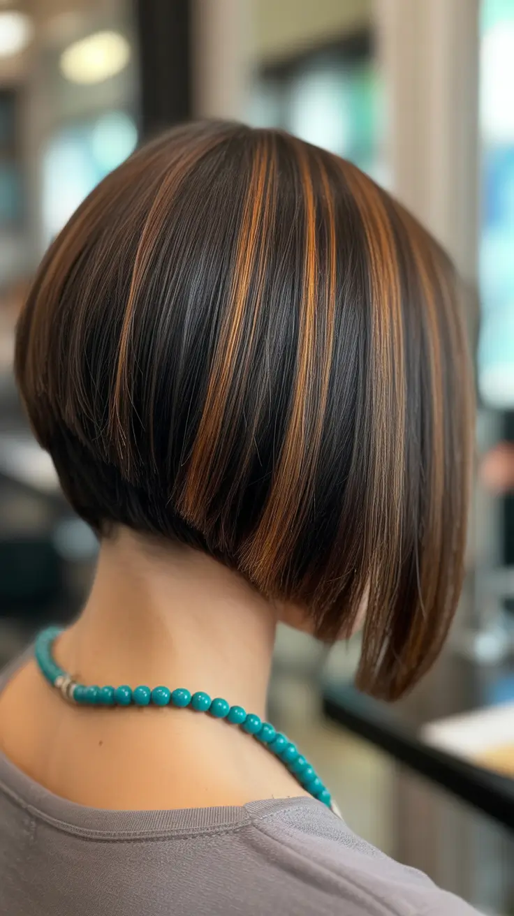 bob haircut styles 2026 Stacked Bob with Caramel Highlights and Clean Nape
