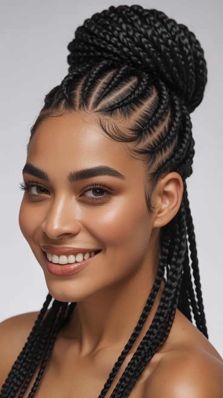 hairstyle black women braided High Braided Bun With Precision Cornrows