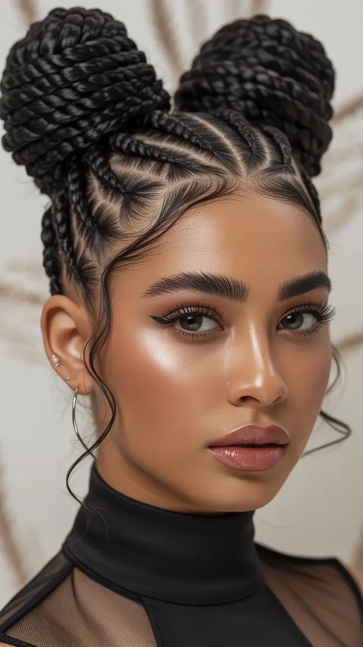 hairstyle black women braided Double Braided Buns With Face-Framing Tendrils