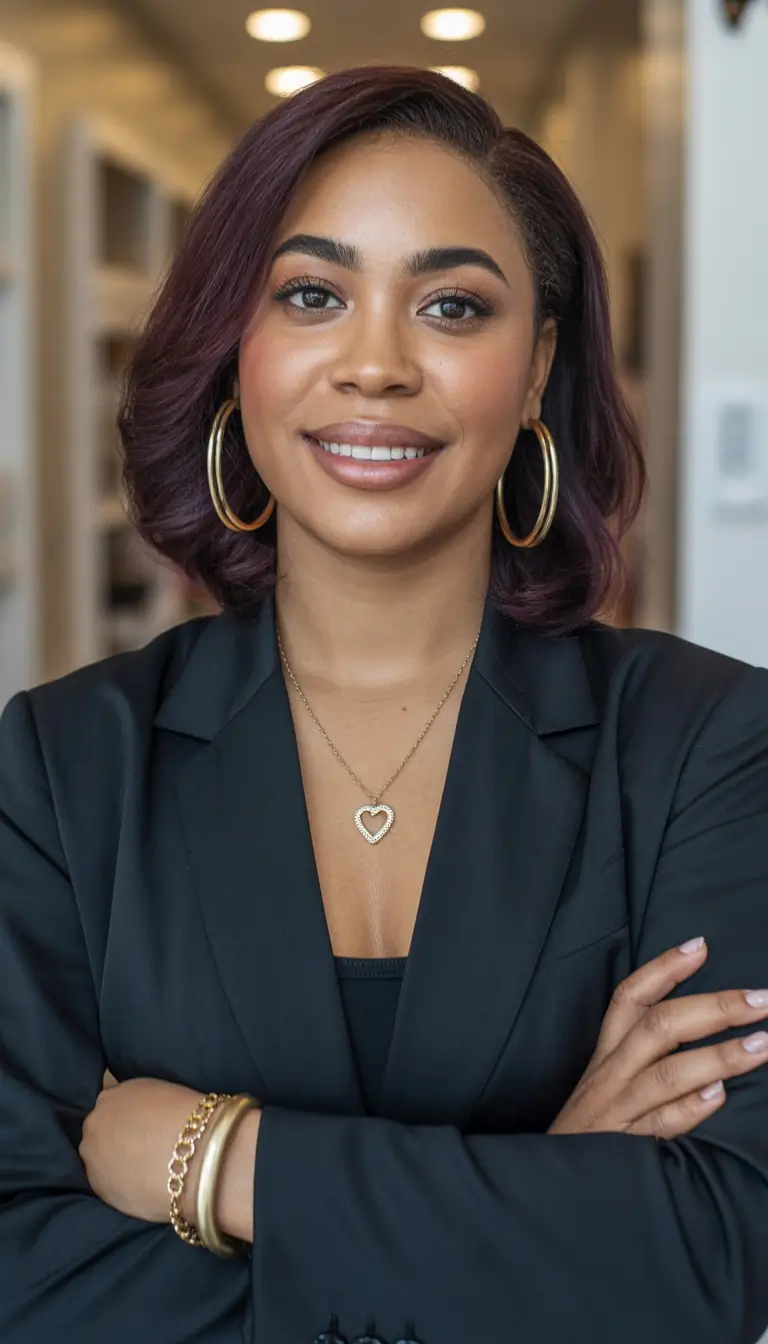 hairstyle black women short Polished Short Bob With Soft Burgundy Tone