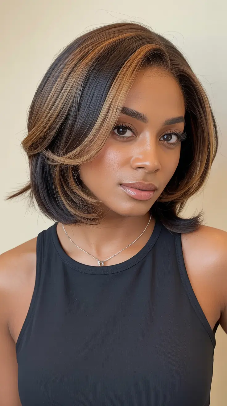 hairstyle black women weave Soft Layered Bob With Honey Highlights