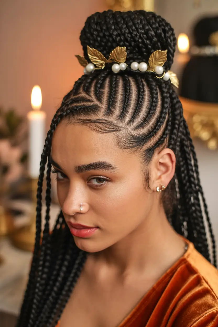 hairstyle black women braided Elegant Braided Bun With Pearl Accents