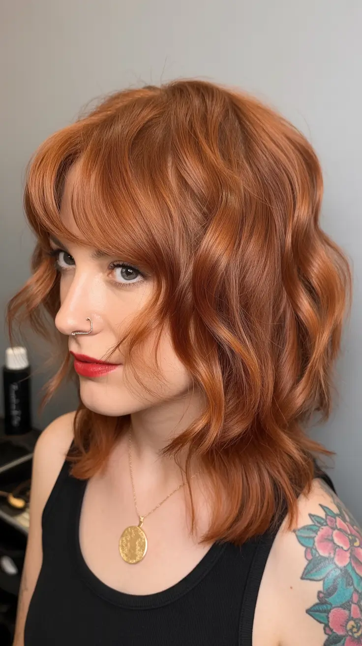 Modern Wolf Haircut 2026 — Copper Wavy Wolf With Rounded Fringe