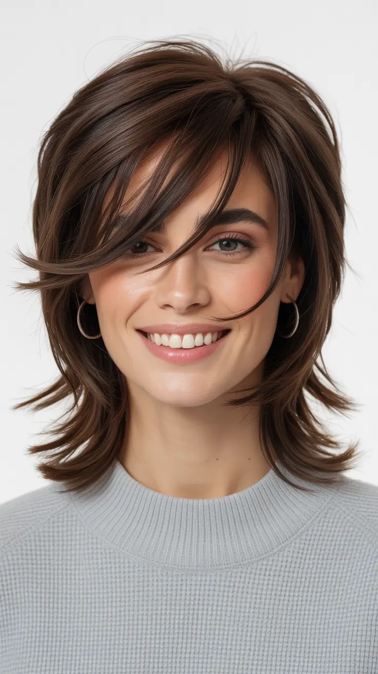 Modern Wolf Haircut 2026 — Soft Espresso Wolf With Swooping Fringe