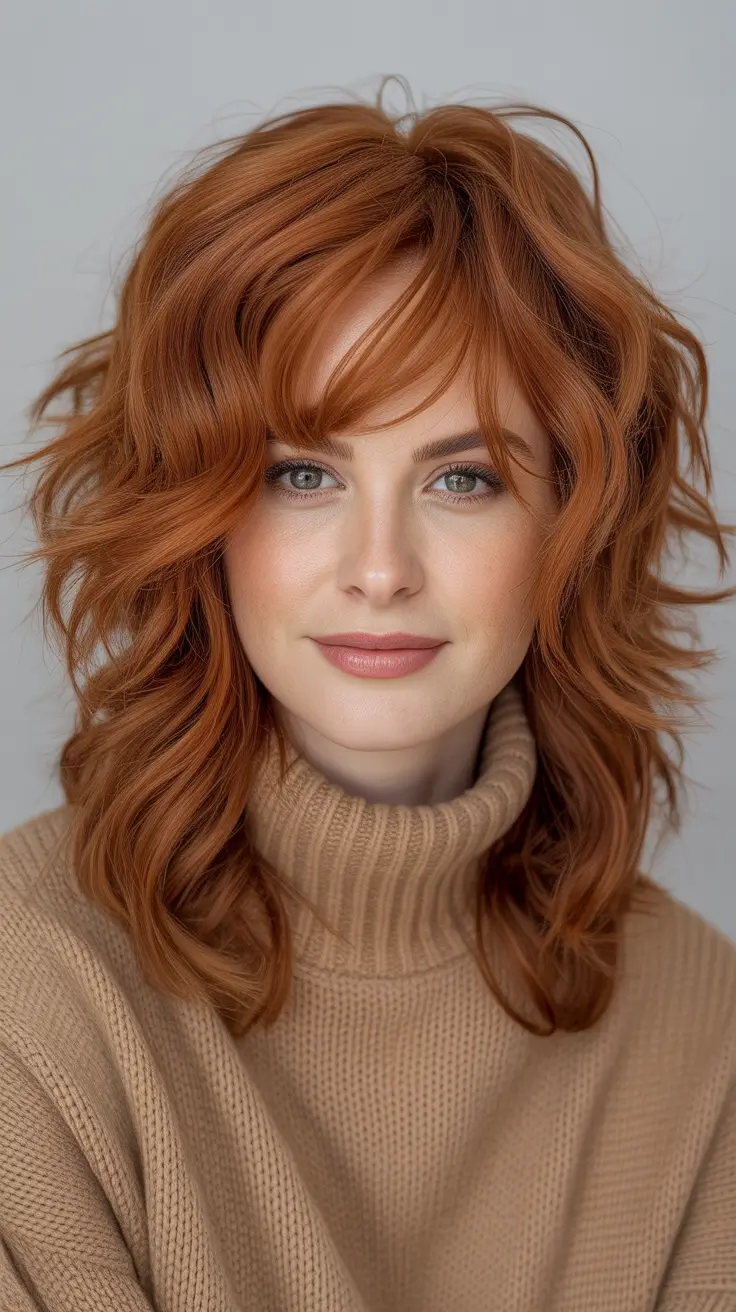 Modern Wolf Haircut 2026 — Copper Curl-Kissed Wolf With Rounded Volume