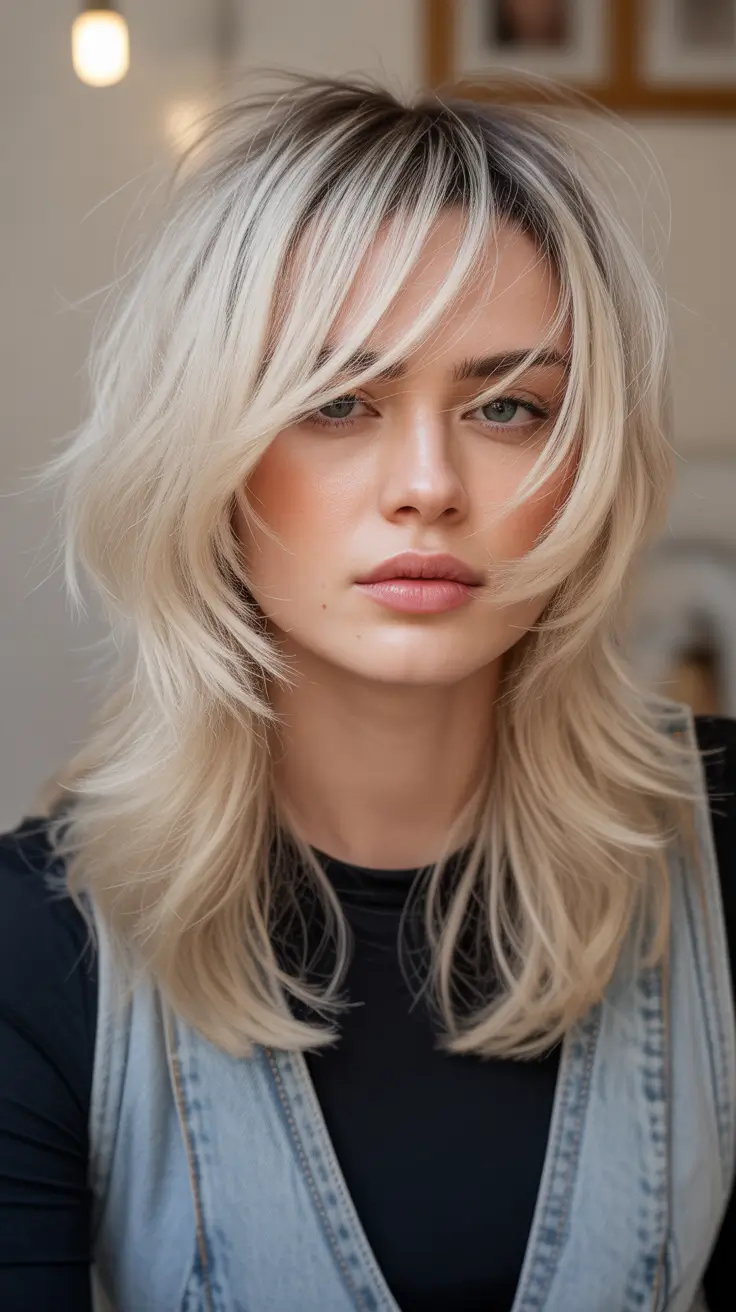 Modern Wolf Haircut 2026 — Platinum Feathered Wolf With Light Sweeping Bangs