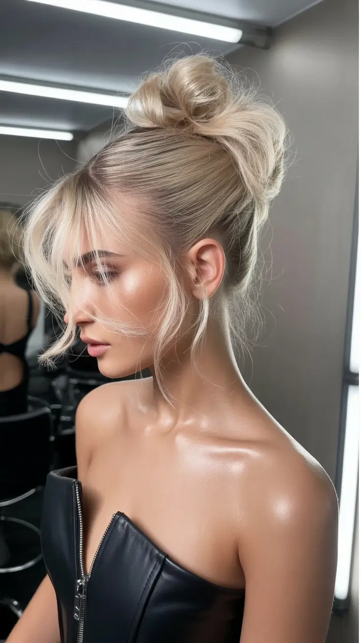 Simple hairdos for 2026 Messy Top Knot With Wispy Bangs