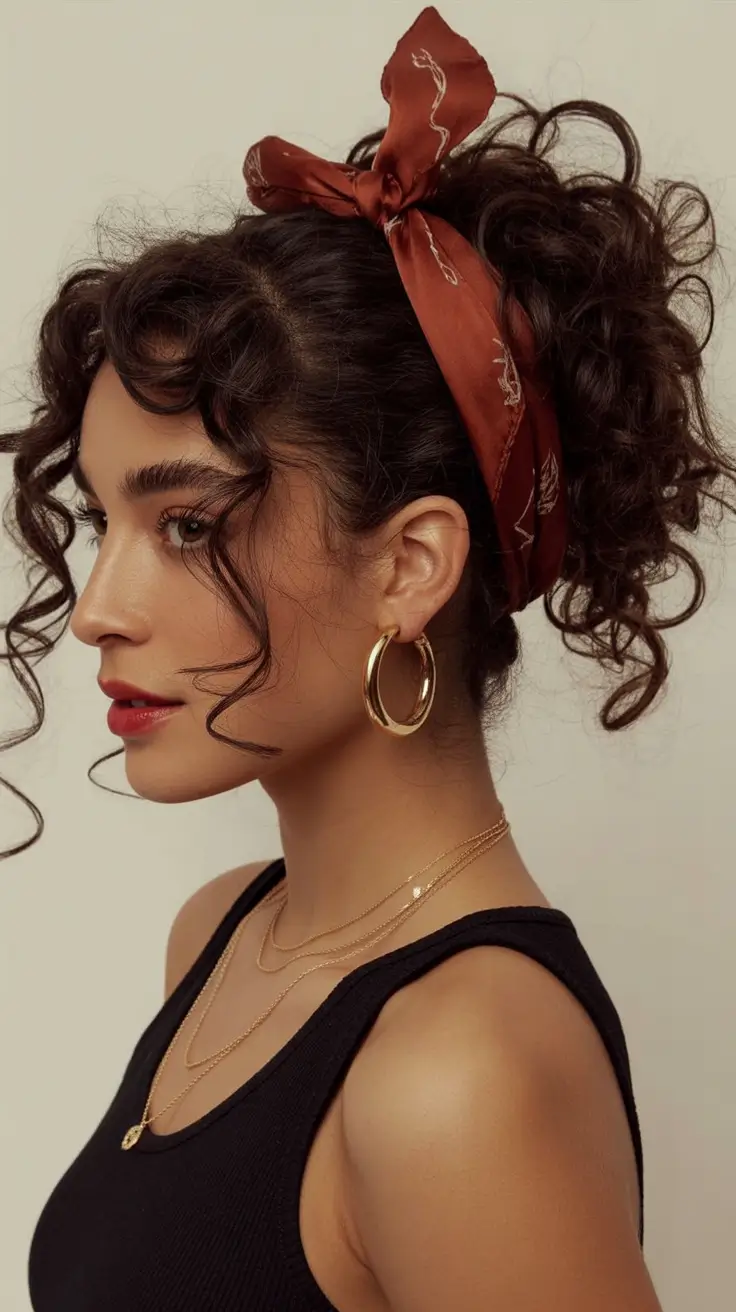 Simple hairdos for 2026 Curly Puff With a Silk Bandana