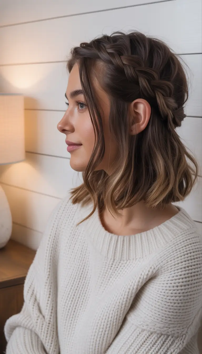 Simple hairdos for 2026 Soft Braided Halo on Shoulder-Length Waves