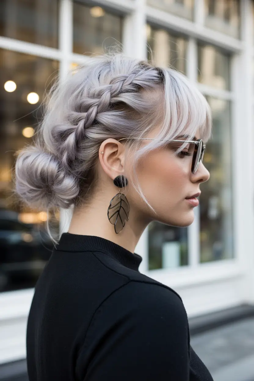 Simple hairdos for 2026 Frosted Braided Buns With Full Bangs