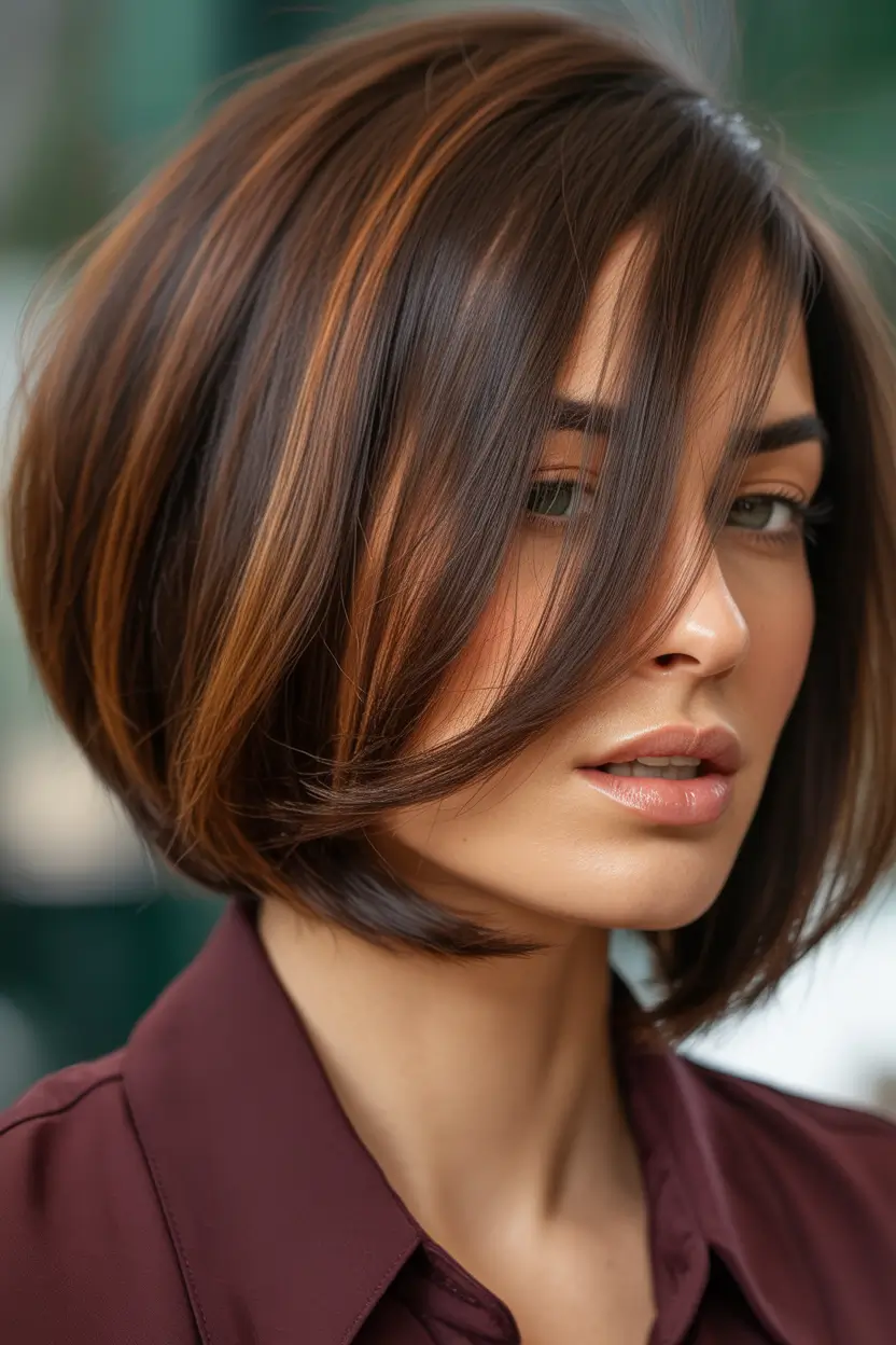 Stylish bob cuts for women 2026 Rich Brunette Bob With Dimensional Caramel Highlights