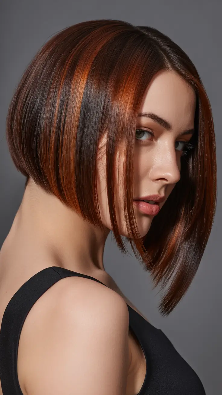 Stylish bob cuts for women 2026 Inverted Chestnut Bob With Fiery Copper Panels