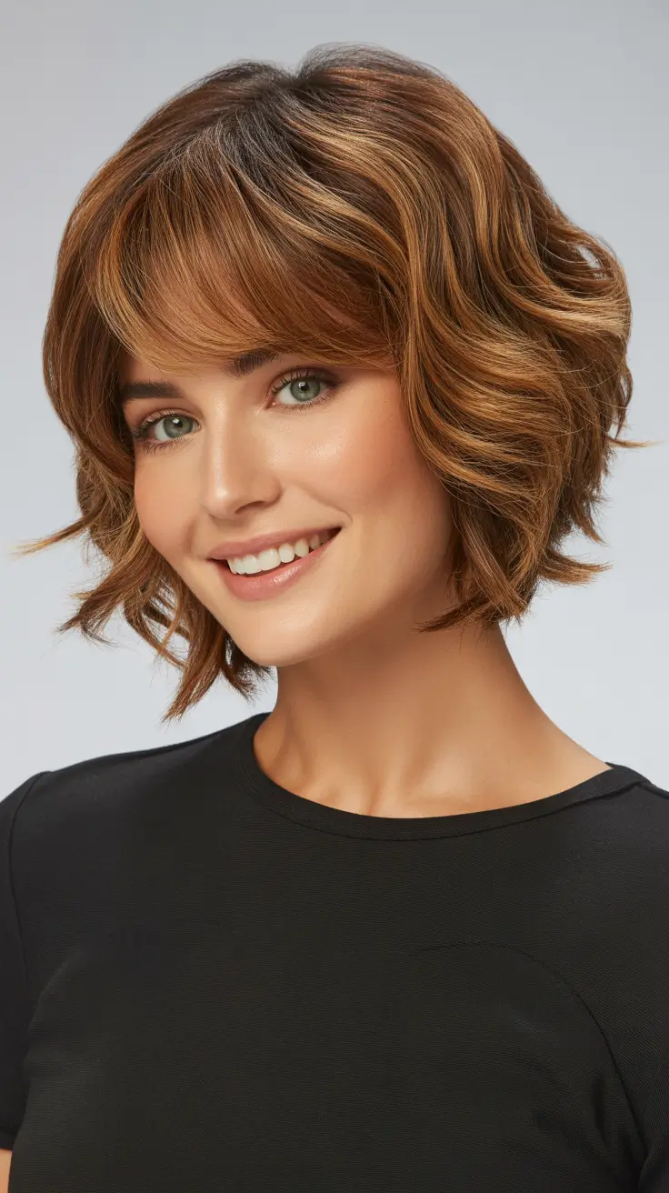 Stylish choppy bob hairstyles 2026 - Caramel Wavy Bob with Soft Rounded Bangs