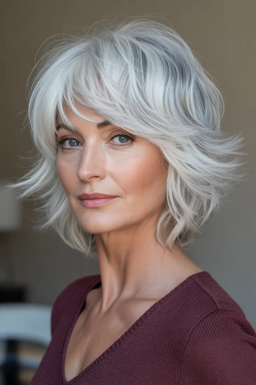 Stylish choppy bob hairstyles 2026 - Feathered Silver Bob with Light Windswept Texture