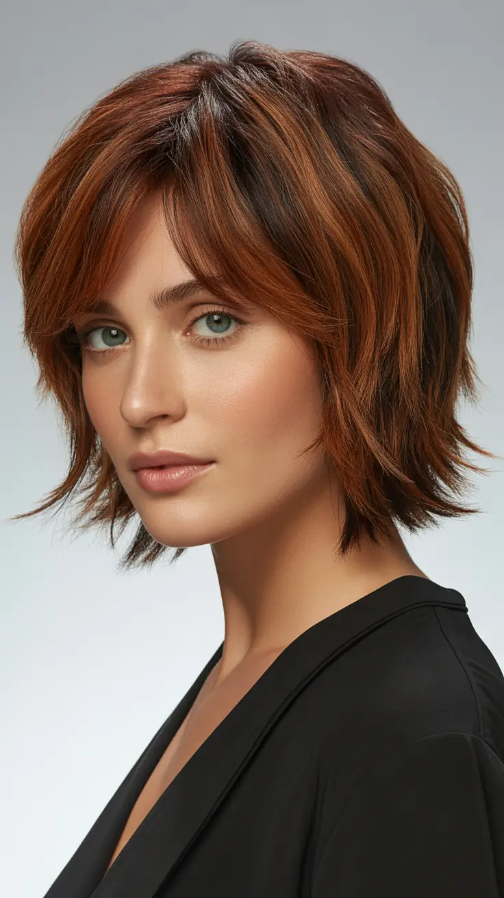 Stylish choppy bob hairstyles 2026 - Rusty Auburn Choppy Bob with Wispy Layers