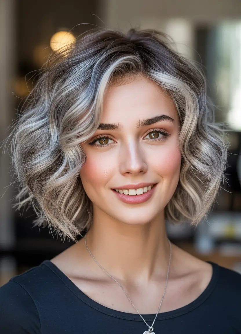Stylish choppy bob hairstyles 2026 - Medium Length Bob with Soft Silver Waves