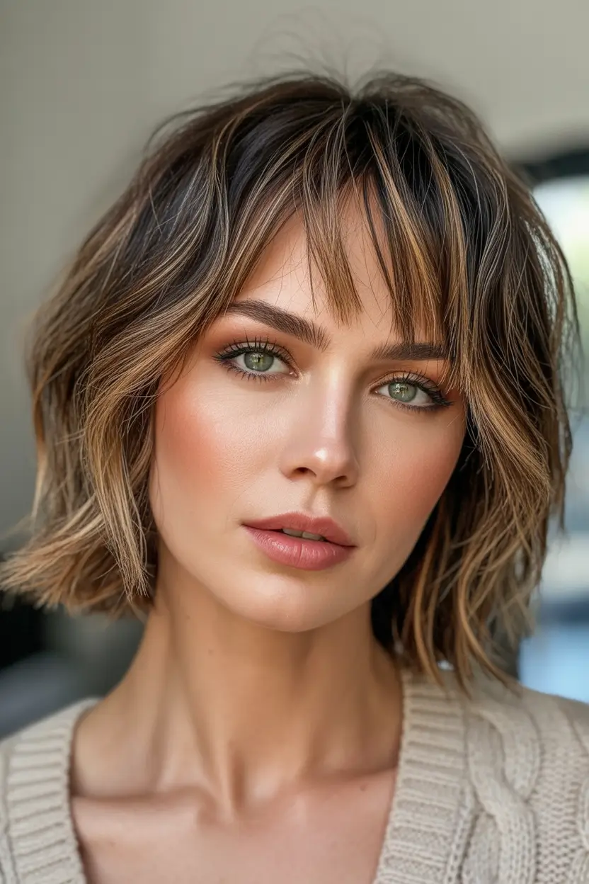 Stylish choppy bob hairstyles 2026 - Soft Layered Bob with Wispy Curtain Bangs