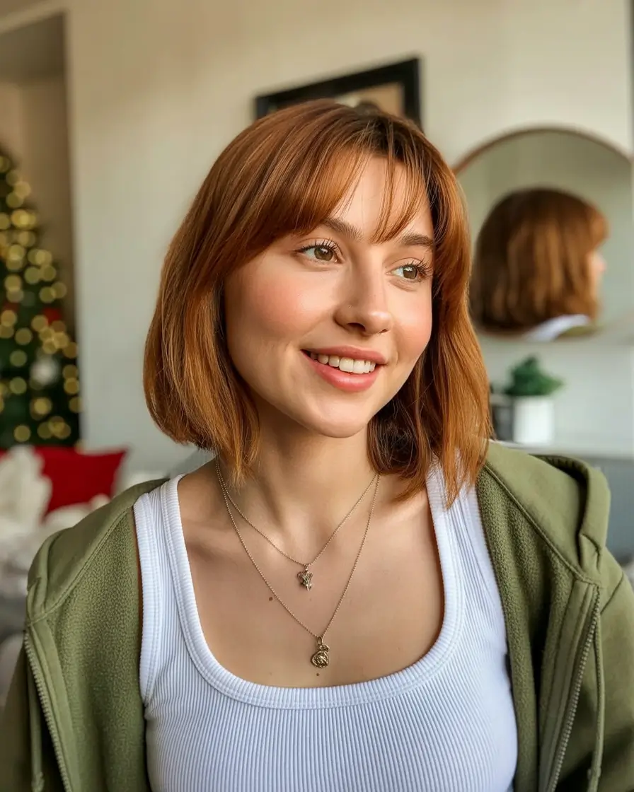Trendy hairstyles for thick hair 2026 Copper Lob with Bangs