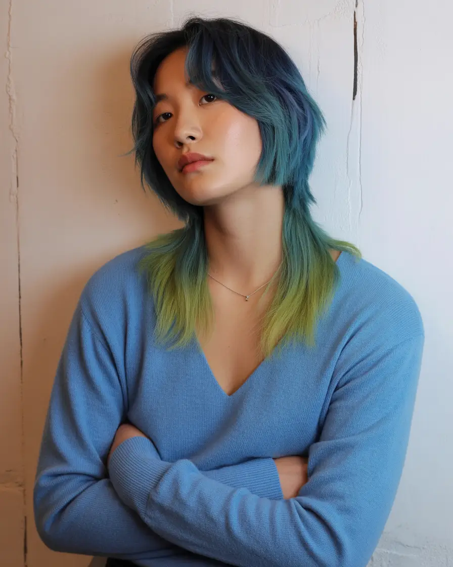 Trendy jellyfish haircut 2026 Teal Jellyfish With Softly Framed Bangs