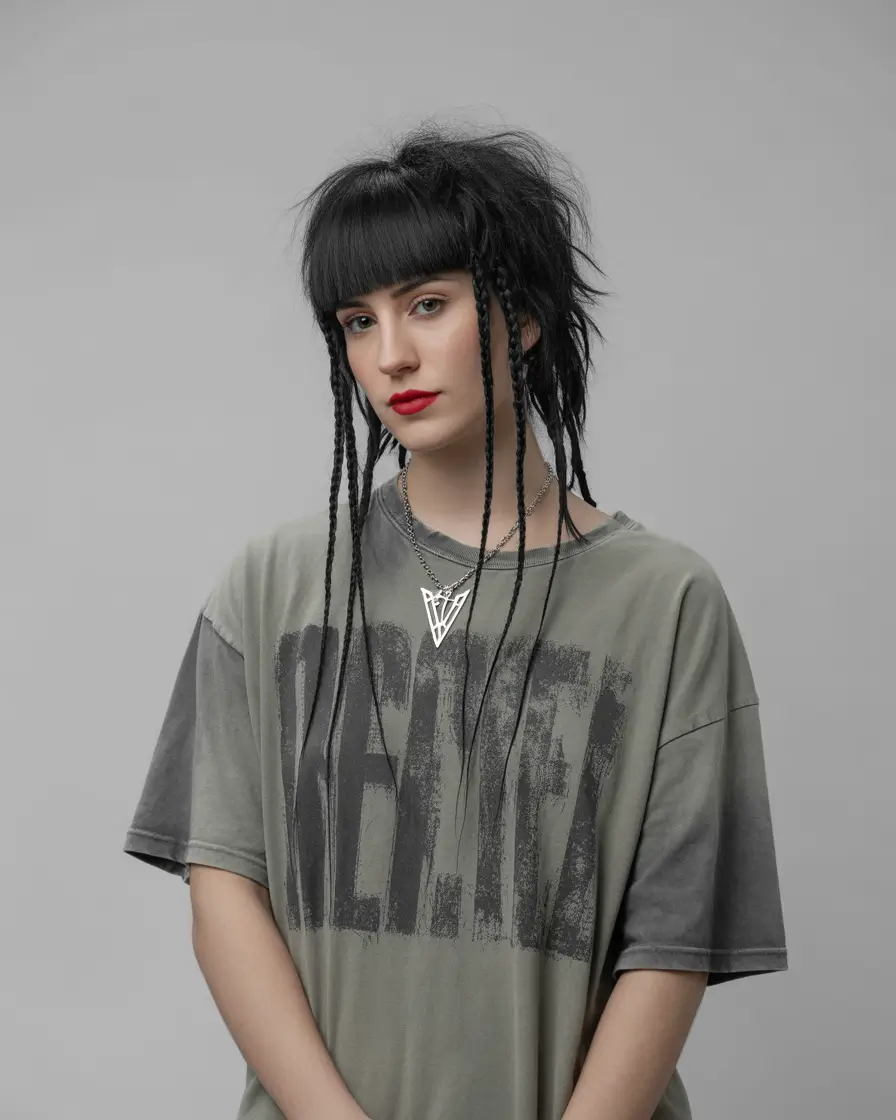Trendy jellyfish haircut 2026 Dark Jellyfish With Sharp Bangs and Micro Braids