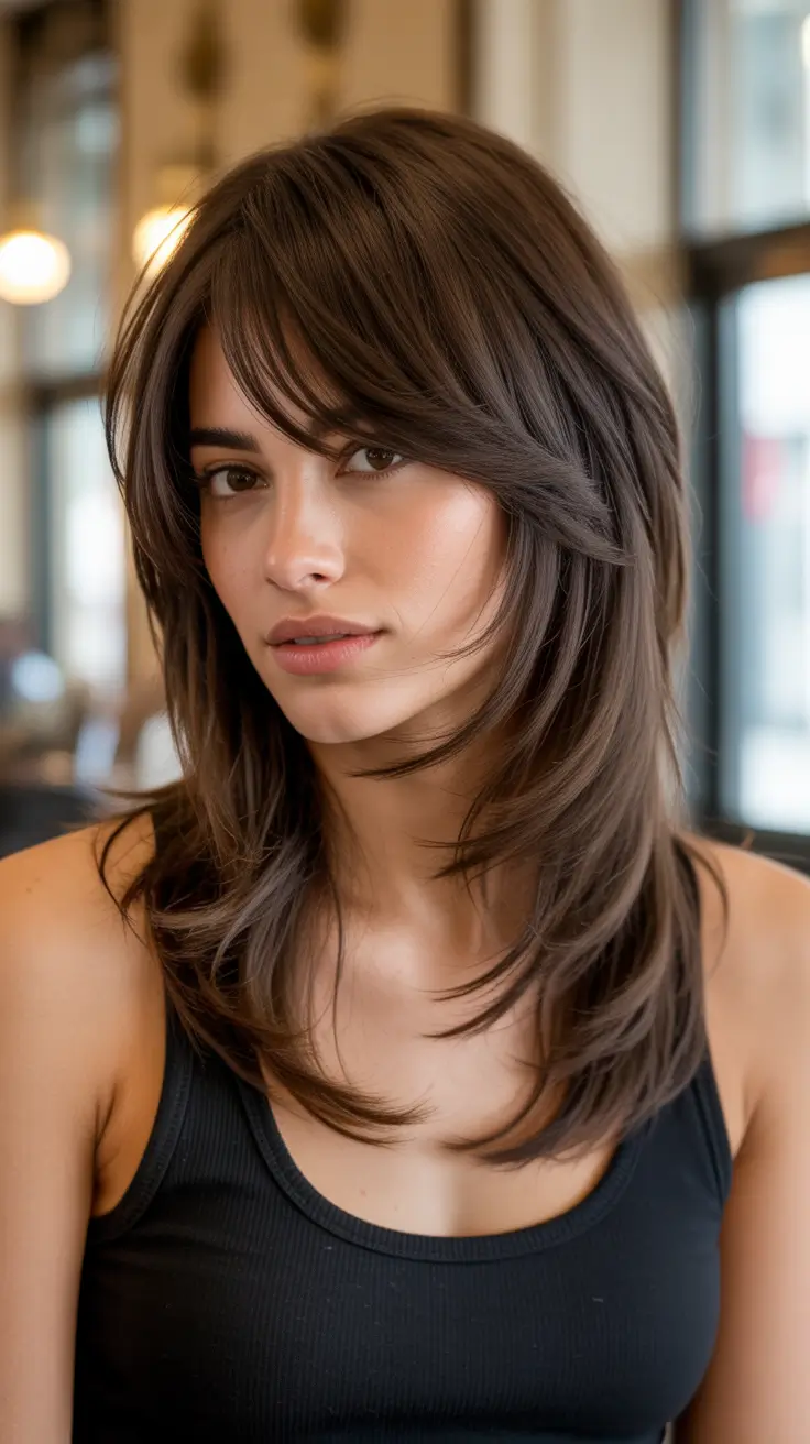 Trendy layered hairstyles 2026 Mid Length Layers with Side Bangs