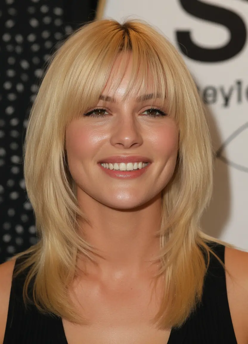 Trendy layered hairstyles 2026 Mid Length Blonde Layers with Bangs