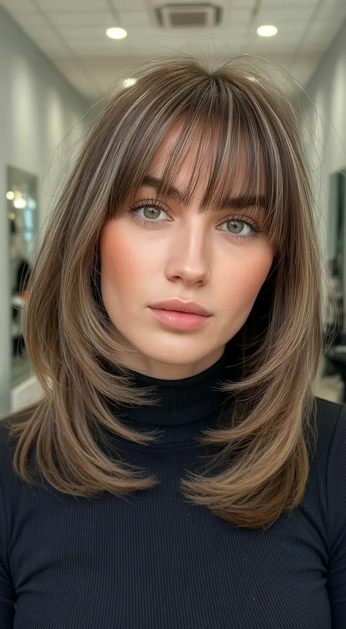 Trendy layered hairstyles 2026 Mid Length Layers with Curtain Bangs