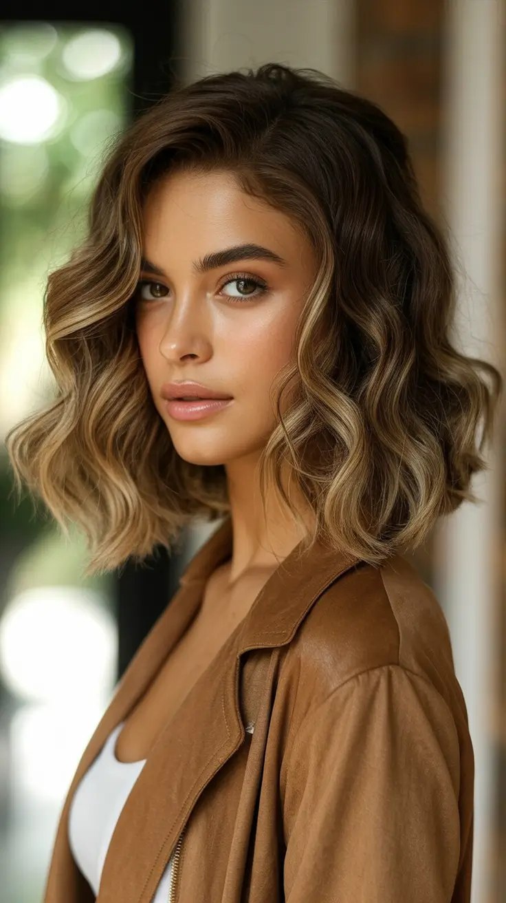 Trendy lob haircuts 2026 Soft Choppy Lob with Caramel Lights