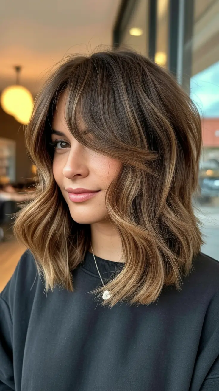 Trendy lob haircuts 2026 Layered Brunette Lob with Side Bangs and Bounce