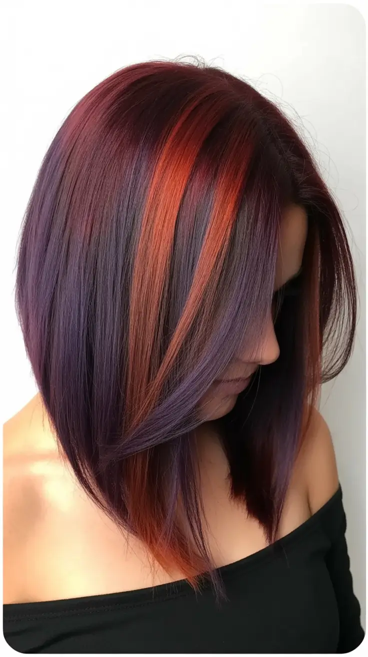 Trendy lob haircuts 2026 Plum-Copper Inverted Lob with Bold Color Blocking
