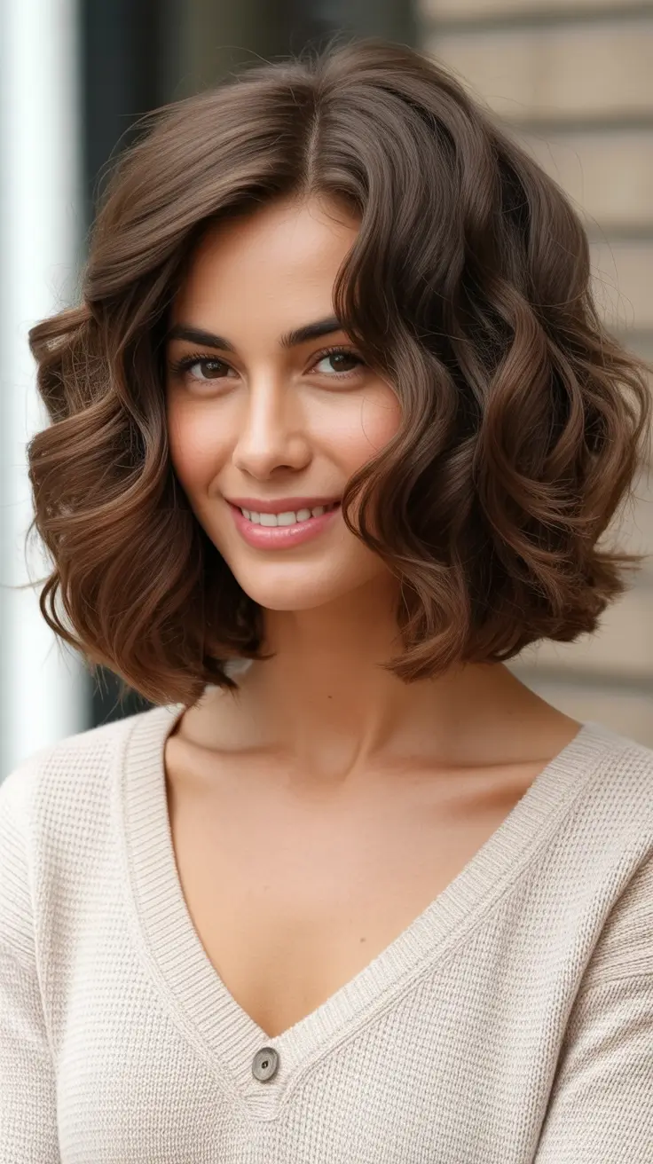 Trendy lob haircuts 2026 Soft Curly Brunette Lob with Rounded Volume