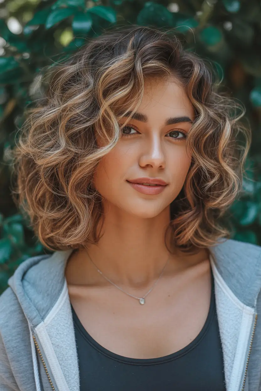 Trendy lob haircuts 2026 Curly Medium Lob with Sunlit Caramel Swirl
