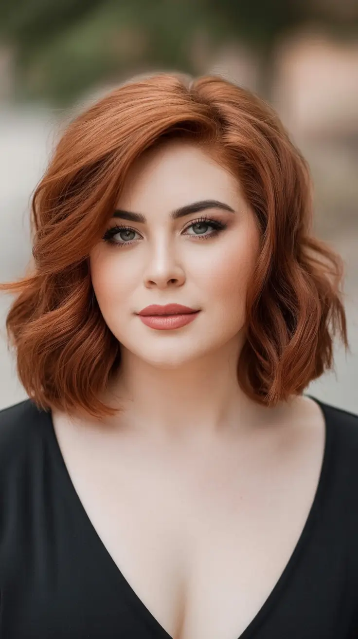 Trendy lob haircuts 2026 Ginger Wavy Lob with Soft Angled Swoop