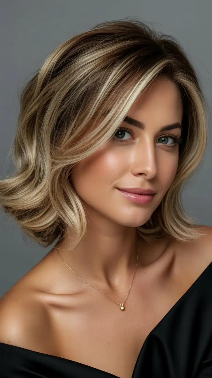 Trendy lob haircuts 2026 Softly Curled Caramel Lob