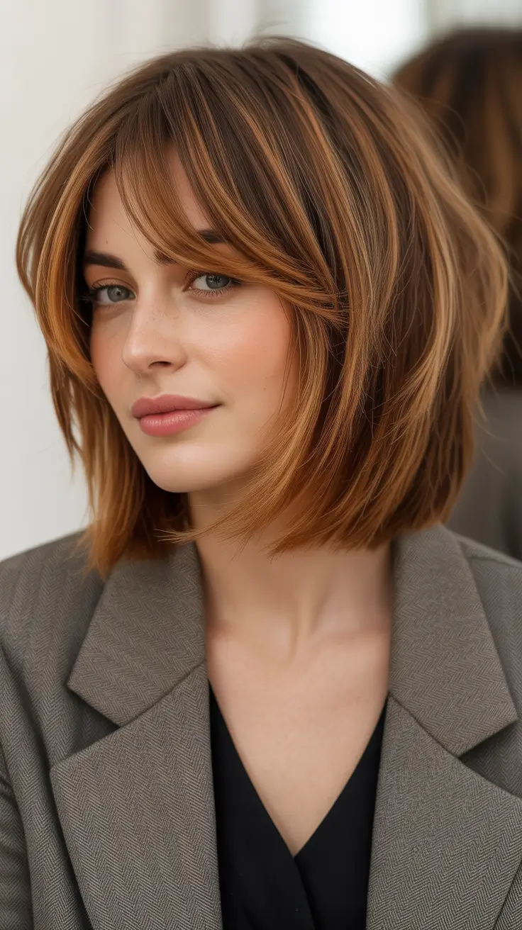 Trendy lob haircuts 2026 Warm Chestnut Lob with Face-Framing Layers