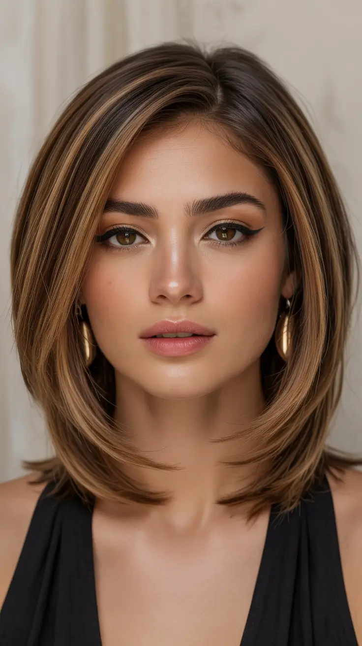 Trendy lob haircuts 2026 Smooth Brunette Lob with Soft Angled Volume