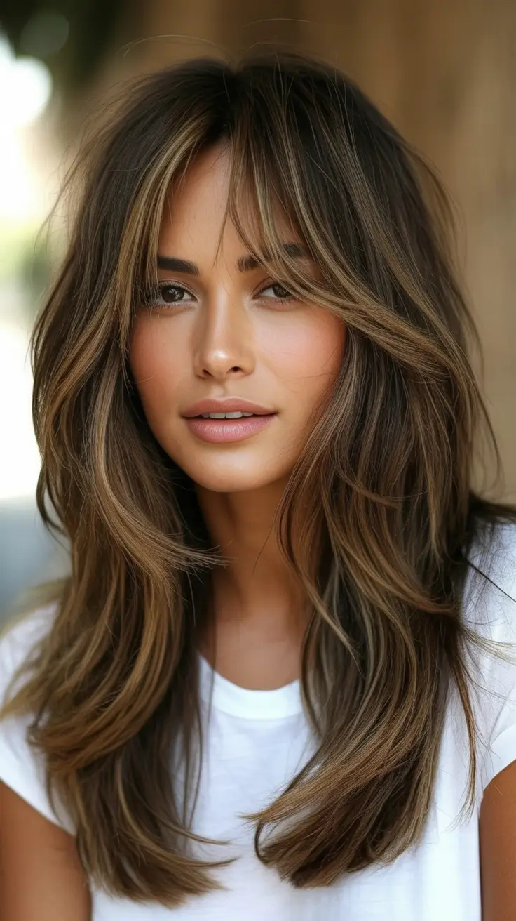 Trendy long hairstyles 2026 Warm Brunette Layers With Soft Curtain Movement