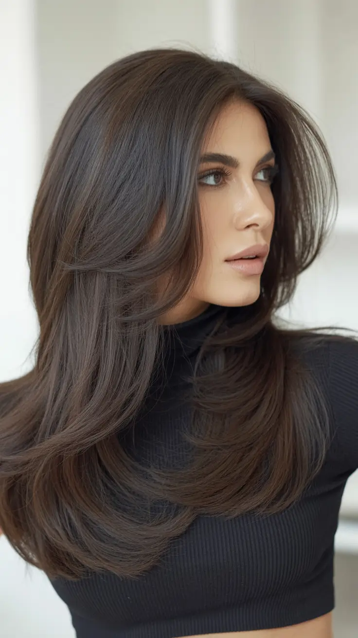 Trendy long hairstyles 2026 Dark Chocolate Luxe Layers With Face Framing Lift