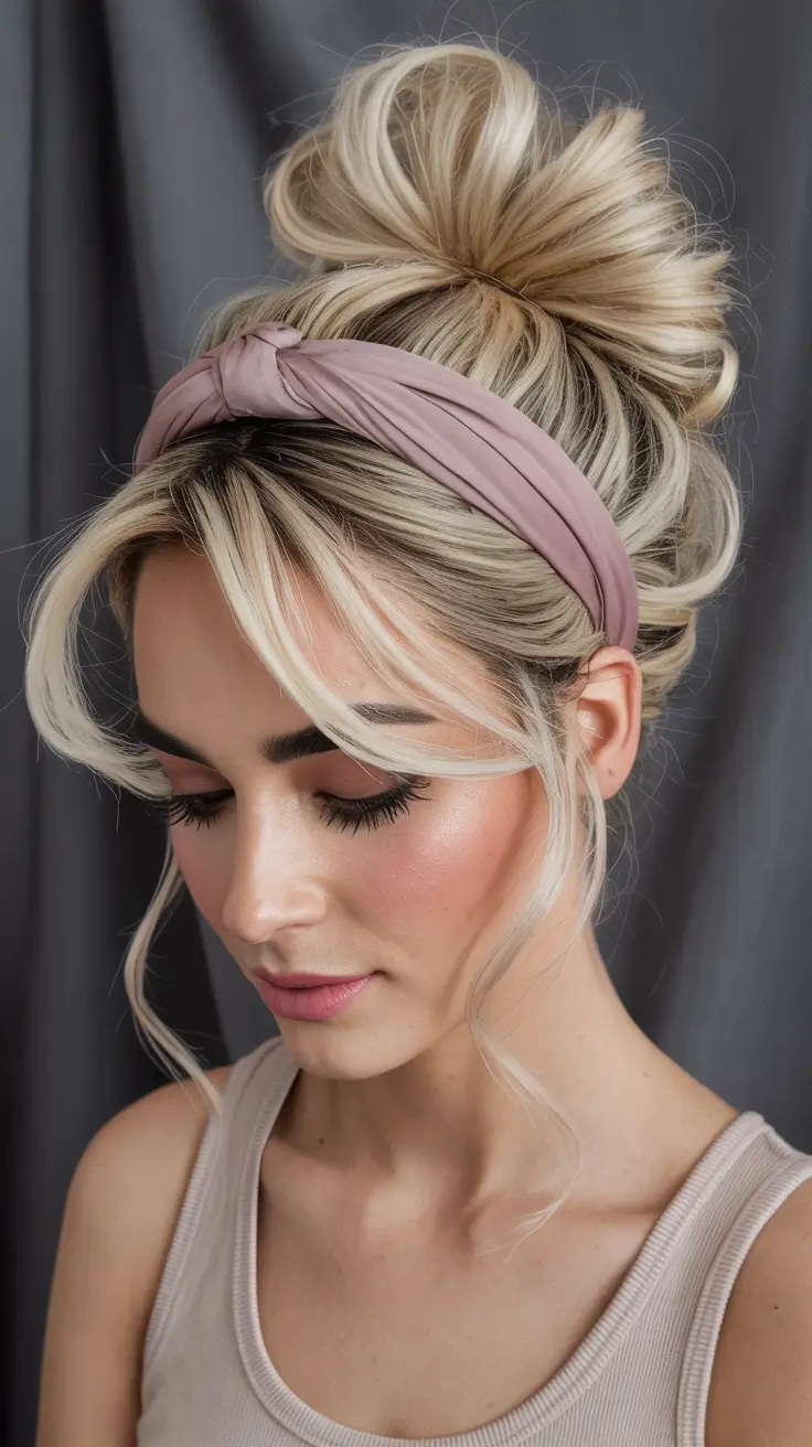 Trendy long hairstyles 2026 Messy Chic Bun With Wispy Layers and Headband