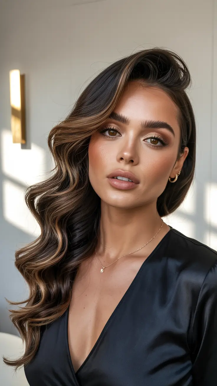 Trendy long hairstyles 2026 Dimensional Chocolate Waves With Dramatic Sweep