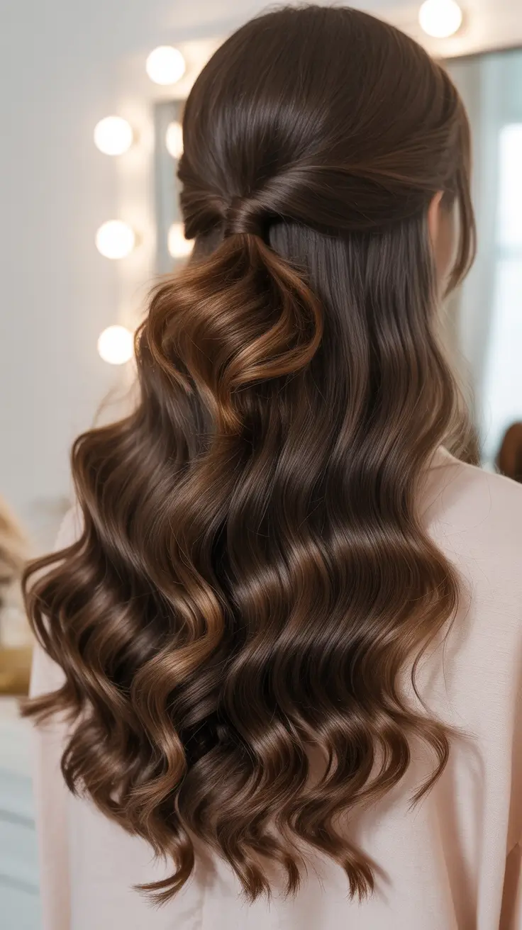 Trendy long hairstyles 2026 Glossy Espresso Half-Up With Soft Waves