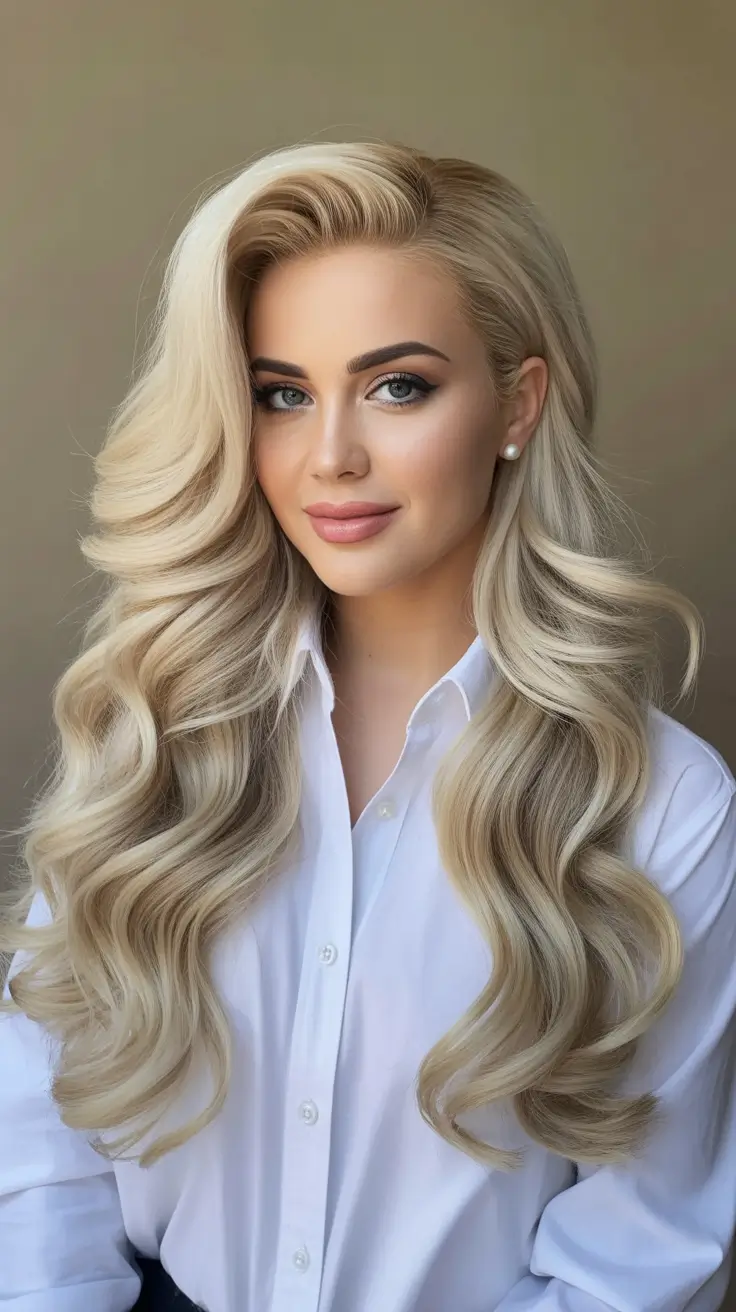 Trendy long hairstyles 2026 Platinum Hollywood Waves With Sculpted Side Part